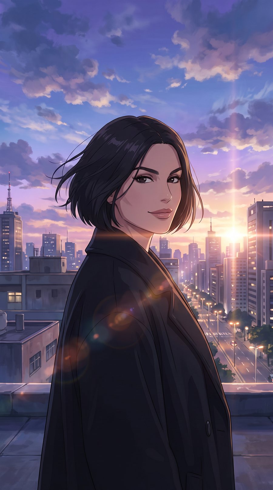 A mesma personagem em anime, no alto de um prédio em São Paulo