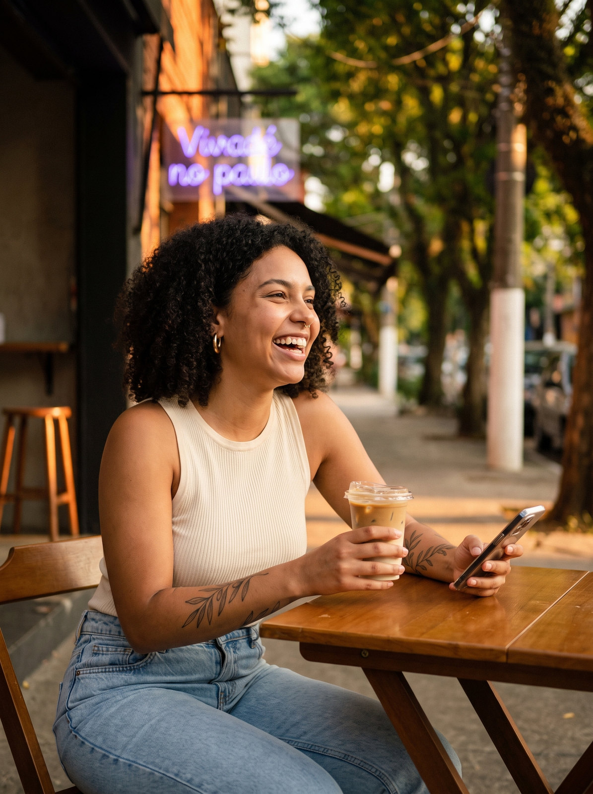 Influencer IA num café de São Paulo