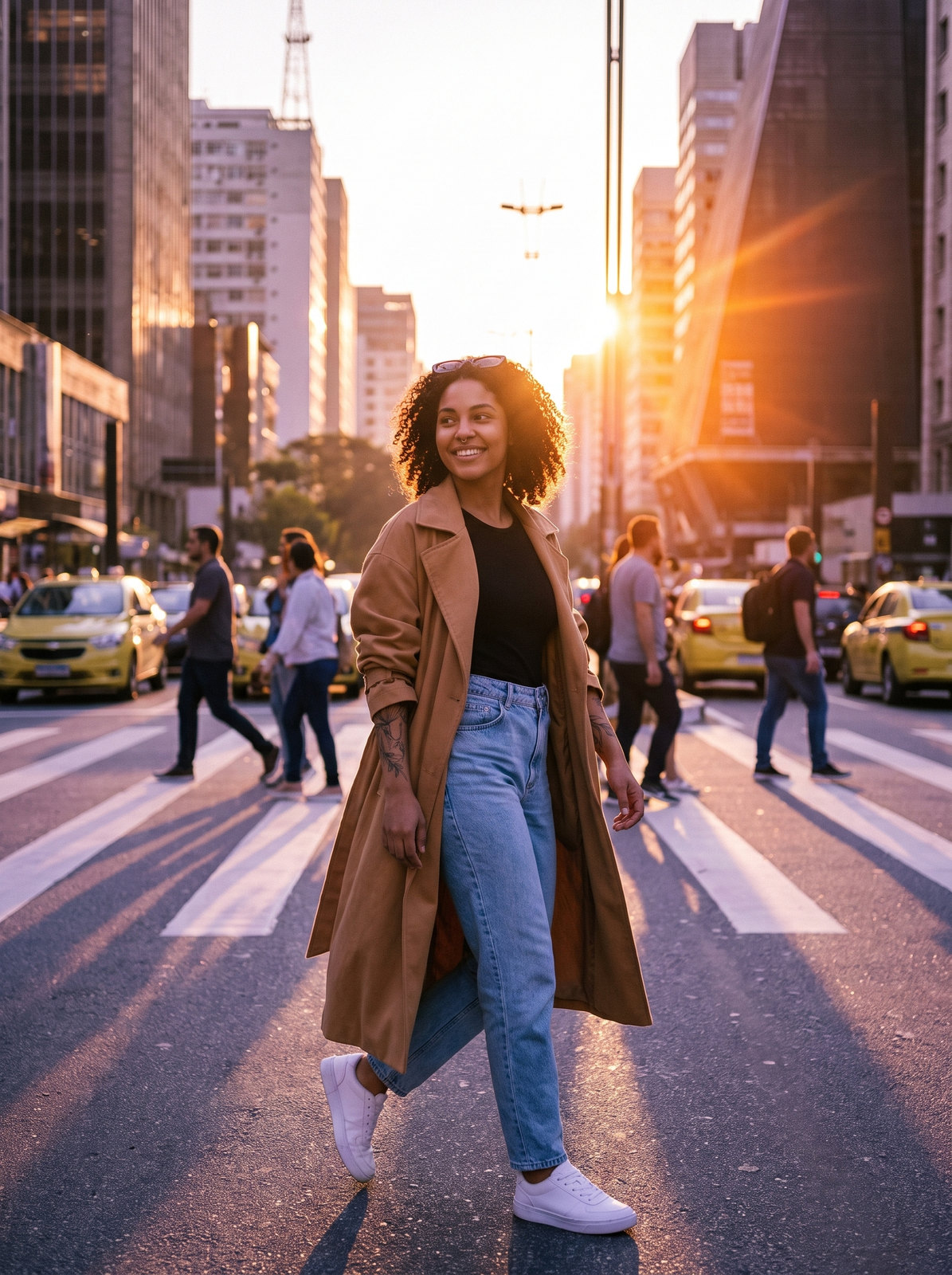 A mesma influencer atravessando a Avenida Paulista