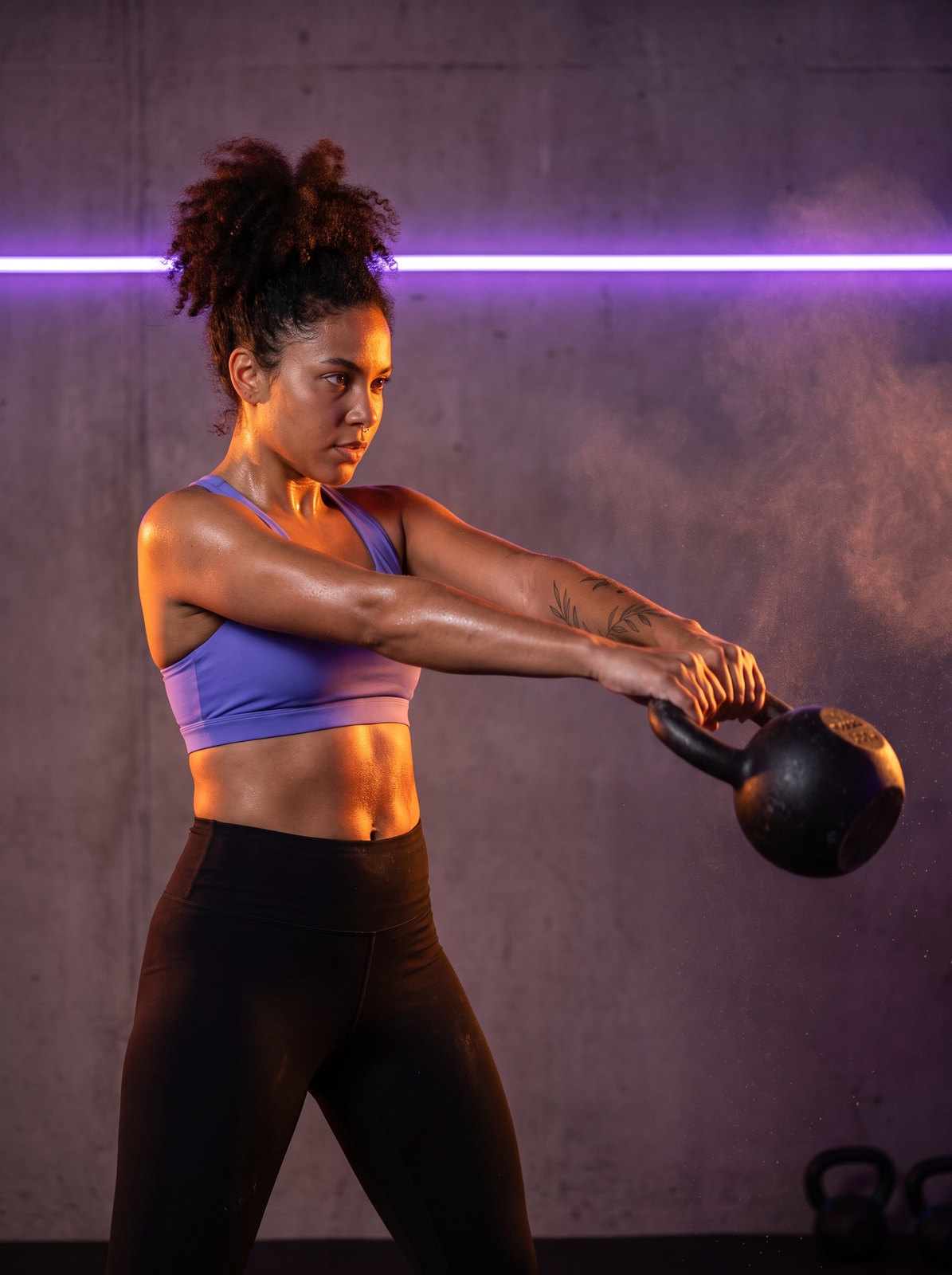 A mesma influencer treinando com kettlebell