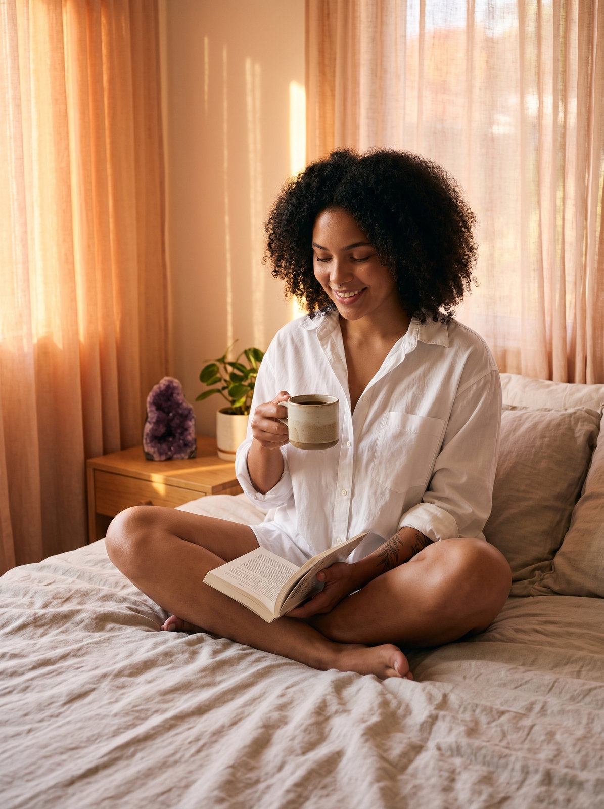 A mesma influencer tomando café na cama